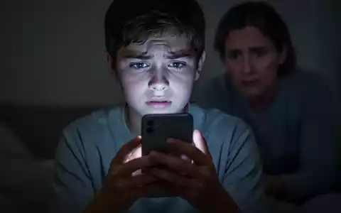 Ein junger Mensch hält ein leuchtendes Smartphone, das Gesicht vom Bildschirm beleuchtet, mit einer verschwommenen Elternfigur im Hintergrund. - Foto: über boerse-global.de