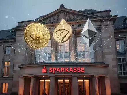 Bitcoin- und Ethereum-Symbole, die aus einem traditionellen Bankgebäude hervortreten, symbolisieren Kryptowährungshandel durch Sparkassen. - Foto: über boerse-global.de