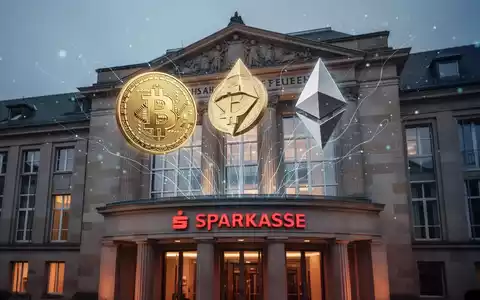 Bitcoin- und Ethereum-Symbole, die aus einem traditionellen Bankgebäude hervortreten, symbolisieren Kryptowährungshandel durch Sparkassen. - Foto: über boerse-global.de
