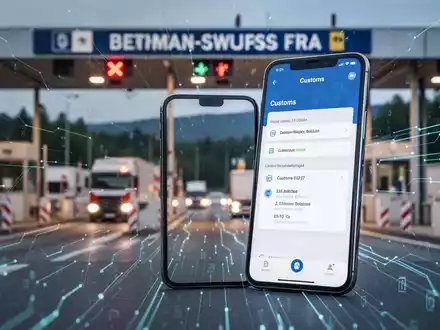 Smartphone mit Zoll-App, unscharfer deutsch-schweizer Grenzübergang im Hintergrund, digitale Datenströme. - Foto: über boerse-global.de