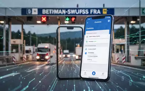 Smartphone mit Zoll-App, unscharfer deutsch-schweizer Grenzübergang im Hintergrund, digitale Datenströme. - Foto: über boerse-global.de