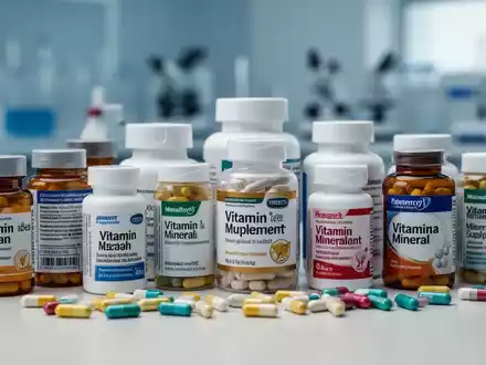 Nahaufnahme verschiedener Vitamin- und Mineralstoffpräparate in Flaschen und Kapseln auf einer sterilen Oberfläche. - Foto: über boerse-global.de