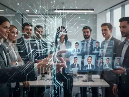 Leuchtendes neuronales Netz über modernem Büro, Hand interagiert mit holografischer Schnittstelle mit Kandidatenprofilen, symbolisiert KI im Recruiting. - Foto: über boerse-global.de
