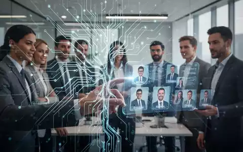 Leuchtendes neuronales Netz über modernem Büro, Hand interagiert mit holografischer Schnittstelle mit Kandidatenprofilen, symbolisiert KI im Recruiting. - Foto: über boerse-global.de