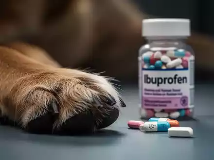 Nahaufnahme einer Hundepfote mit einer unscharfen Ibuprofen-Pillendose im Hintergrund, die die Gefahr von Humanarzneimitteln für Haustiere verdeutlicht. - Foto: über boerse-global.de