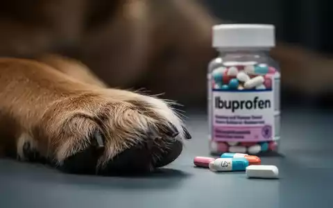 Nahaufnahme einer Hundepfote mit einer unscharfen Ibuprofen-Pillendose im Hintergrund, die die Gefahr von Humanarzneimitteln für Haustiere verdeutlicht. - Foto: über boerse-global.de