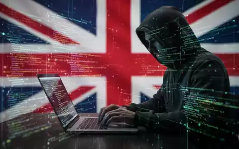 Eine Person im Kapuzenpulli tippt auf einem Laptop, umgeben von leuchtendem Code und Datenströmen, vor einer verschwommenen britischen Flagge. - Foto: über boerse-global.de