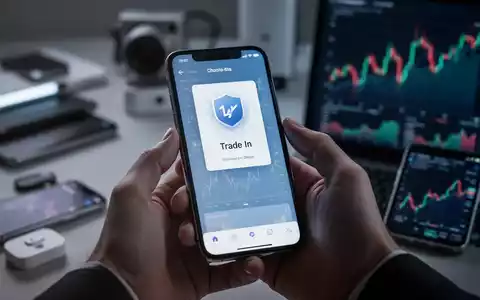 Eine Hand hält ein Smartphone mit einem Trade-In-Bildschirm, im Hintergrund verschwommene Apple-Produkte und Aktiencharts. - Foto: über boerse-global.de