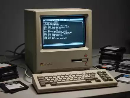 Vintage Macintosh II Computer mit monochromem Bildschirm, der eine frühe Unix-Oberfläche zeigt, umgeben von Disketten. - Foto: über boerse-global.de
