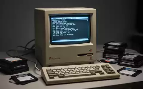 Vintage Macintosh II Computer mit monochromem Bildschirm, der eine frühe Unix-Oberfläche zeigt, umgeben von Disketten. - Foto: über boerse-global.de