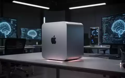 Schlanker, minimalistischer Mac Studio auf einem modernen Schreibtisch in einem hochtechnischen, gedämpft beleuchteten Profi-Studio. - Foto: über boerse-global.de