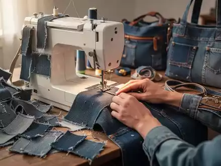 Nahaufnahme einer Nähmaschine, die Jeansstoff verarbeitet, mit verschiedenen Upcycling-Produkten aus Denim wie Taschen und Accessoires. - Foto: über boerse-global.de