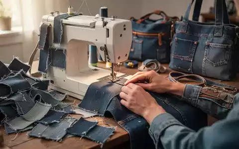 Nahaufnahme einer Nähmaschine, die Jeansstoff verarbeitet, mit verschiedenen Upcycling-Produkten aus Denim wie Taschen und Accessoires. - Foto: über boerse-global.de