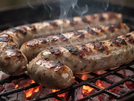 Nahaufnahme von gegrillten Würsten auf einem Rost, mit sichtbaren Brandspuren und aufsteigendem Rauch über glühenden Kohlen. - Foto: über boerse-global.de