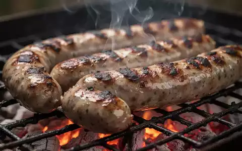 Nahaufnahme von gegrillten Würsten auf einem Rost, mit sichtbaren Brandspuren und aufsteigendem Rauch über glühenden Kohlen. - Foto: über boerse-global.de