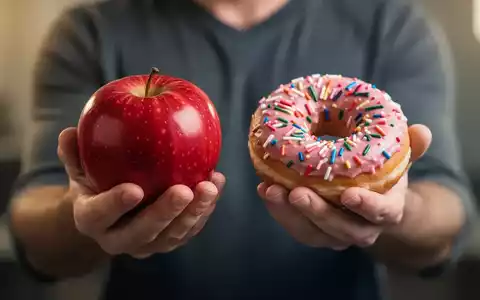 Hände halten einen Apfel und einen Donut, die die Wahl zwischen gesunder und ungesunder Ernährung symbolisieren. - Foto: über boerse-global.de