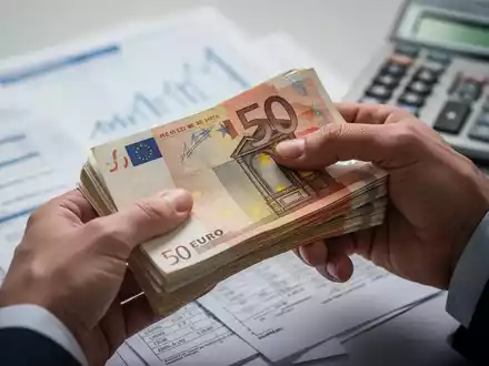 Hände zählen Euro-Banknoten, im Hintergrund verschwommene Finanzdokumente und ein Taschenrechner, der steigende Kosten symbolisiert. - Foto: über boerse-global.de