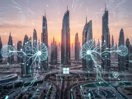 Abu Dhabi Skyline bei Sonnenuntergang mit digitalen Datenströmen und KI-Neuronalen Netzen, Symbol für staatliche Technologieeinführung. - Foto: über boerse-global.de
