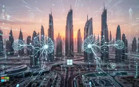 Abu Dhabi Skyline bei Sonnenuntergang mit digitalen Datenströmen und KI-Neuronalen Netzen, Symbol für staatliche Technologieeinführung. - Foto: über boerse-global.de
