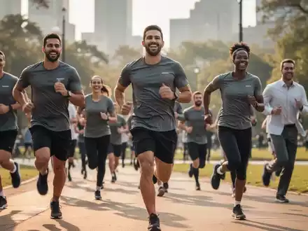 Eine Gruppe lachender Büroangestellter in Sportkleidung läuft bei einem Firmenlauf im Freien, symbolisiert Teamgeist und Fitness. - Foto: über boerse-global.de