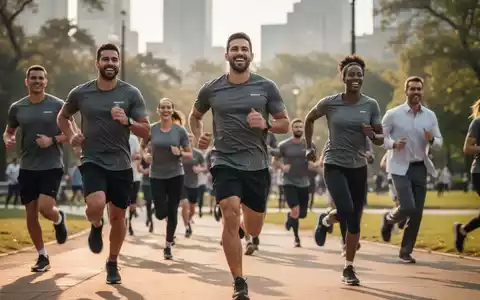 Eine Gruppe lachender Büroangestellter in Sportkleidung läuft bei einem Firmenlauf im Freien, symbolisiert Teamgeist und Fitness. - Foto: über boerse-global.de
