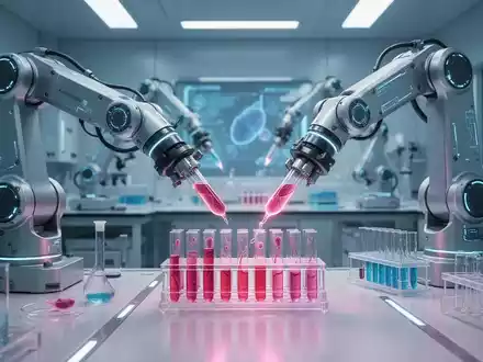 Roboterarme in einem sterilen, futuristischen Labor manipulieren biologische Proben und symbolisieren die Rolle der KI in der Lebenswissenschaftsforschung. - Foto: über boerse-global.de