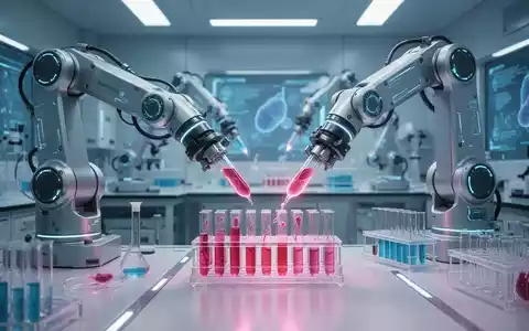 Roboterarme in einem sterilen, futuristischen Labor manipulieren biologische Proben und symbolisieren die Rolle der KI in der Lebenswissenschaftsforschung. - Foto: über boerse-global.de