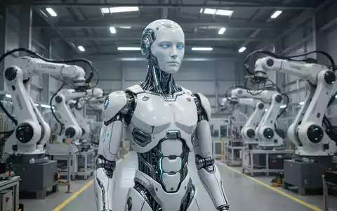 Hochentwickelter humanoider Roboter mit metallischen und weißen Komponenten in futuristischer Fabrik. - Foto: über boerse-global.de