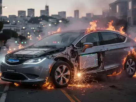 Ein autonomes Waymo-Fahrzeug mit Flammen und Rauch auf einer Straße in San Francisco, mit sichtbarem Batterieausfall. - Foto: über boerse-global.de
