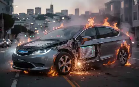 Ein autonomes Waymo-Fahrzeug mit Flammen und Rauch auf einer Straße in San Francisco, mit sichtbarem Batterieausfall. - Foto: über boerse-global.de