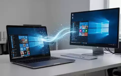 Ein MacBook-Laptop und ein Windows-Desktop-PC nebeneinander, verbunden durch einen leuchtenden digitalen Übergangseffekt. - Foto: über boerse-global.de