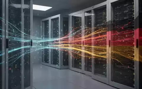 Digitale Datenströme fließen in einen Server-Rack, symbolisiert E-Rechnung und digitale Transformation in Deutschland. - Foto: über boerse-global.de