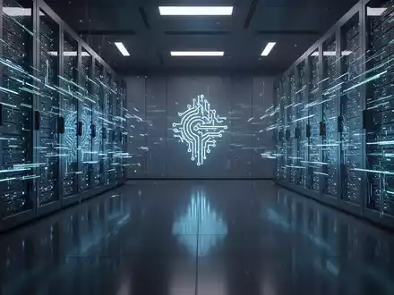 Ein futuristischer Serverraum mit leuchtenden blauen Datenströmen und einem stilisierten KI-Symbol im Hintergrund. - Foto: über boerse-global.de