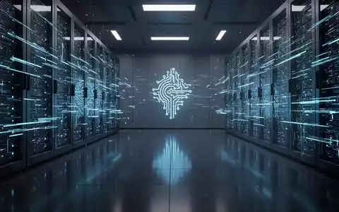 Ein futuristischer Serverraum mit leuchtenden blauen Datenströmen und einem stilisierten KI-Symbol im Hintergrund. - Foto: über boerse-global.de