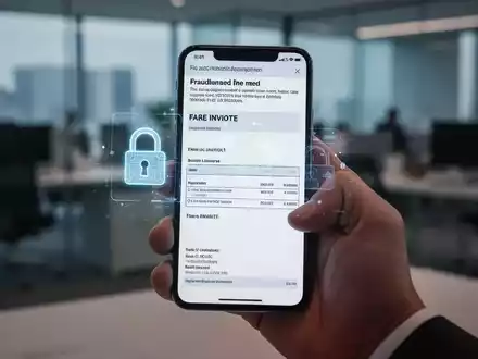 Eine Hand hält ein Smartphone mit einer betrügerischen E-Mail, gefälschter Rechnung und einem Vorhängeschloss-Symbol als Symbol für eine Cybersicherheitsbedrohung. - Foto: über boerse-global.de