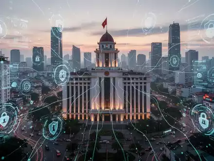 Stilisierte, futuristische Skyline von Hanoi mit digitalen Datenströmen, die Regierungsgebäude hervorheben und KI-Regulierung symbolisieren. - Foto: über boerse-global.de