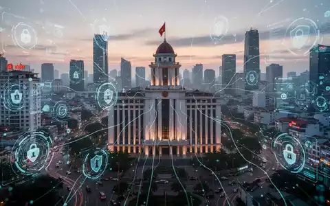 Stilisierte, futuristische Skyline von Hanoi mit digitalen Datenströmen, die Regierungsgebäude hervorheben und KI-Regulierung symbolisieren. - Foto: über boerse-global.de