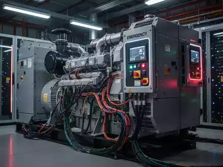 Ein leistungsstarkes Notstromaggregat in einem Rechenzentrum mit leuchtenden Bedienfeldern und Verkabelung, das Zuverlässigkeit und Wartung symbolisiert. - Foto: über boerse-global.de