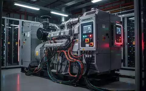 Ein leistungsstarkes Notstromaggregat in einem Rechenzentrum mit leuchtenden Bedienfeldern und Verkabelung, das Zuverlässigkeit und Wartung symbolisiert. - Foto: über boerse-global.de