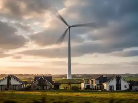 Ein Windrad im Vordergrund, dessen Rotorblätter verschwommen sind, vor einem dramatischen Himmel. Im Vordergrund eine ländliche Landschaft mit Häusern. - Foto: über boerse-global.de