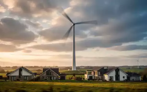 Ein Windrad im Vordergrund, dessen Rotorblätter verschwommen sind, vor einem dramatischen Himmel. Im Vordergrund eine ländliche Landschaft mit Häusern. - Foto: über boerse-global.de