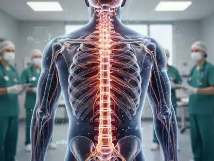 Nahaufnahme einer menschlichen Wirbelsäule mit leuchtenden Nervenbahnen, überlagert mit abstrakten Datenvisualisierungen in einem modernen Kliniksetting. - Foto: über boerse-global.de