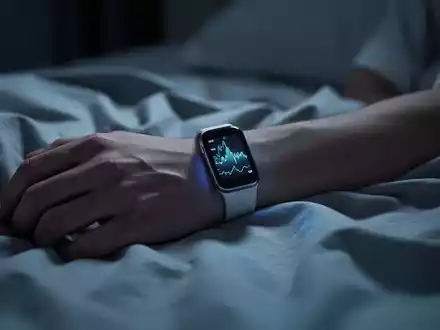 Eine Hand mit einem modernen Schlaftracker auf einem zerwühlten Bettlaken in einem dunklen Schlafzimmer. - Foto: über boerse-global.de