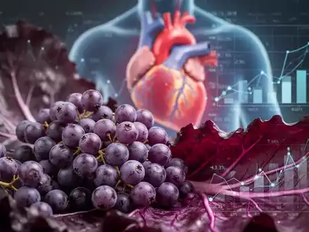 Nahaufnahme von lila Beeren und Rotkohlblättern, die Anthocyane symbolisieren, mit einem unscharfen Herz-Grafik im Hintergrund. - Foto: über boerse-global.de