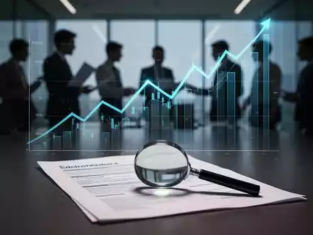 Ein stilisierter, aufsteigender Finanzgraph mit einem Vergrößerungsglas über einem Dokument und verschwommenen Geschäftsleuten im Hintergrund. - Foto: über boerse-global.de