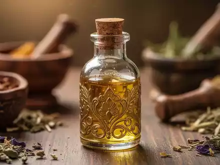 Nahaufnahme einer verzierten Glasflasche mit goldenem, medizinischem Öl, im Hintergrund verschwommen traditionelle ayurvedische Instrumente. - Foto: über boerse-global.de