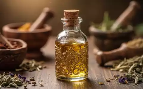 Nahaufnahme einer verzierten Glasflasche mit goldenem, medizinischem Öl, im Hintergrund verschwommen traditionelle ayurvedische Instrumente. - Foto: über boerse-global.de