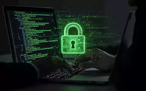 Hände tippen auf einem Laptop, über dem Bildschirm leuchten grüne Codezeilen und ein bedrohliches digitales Vorhängeschloss. - Foto: über boerse-global.de
