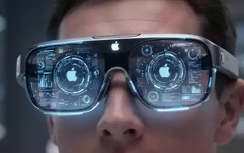 Nahaufnahme einer eleganten, hochtechnologischen Apple-AR-Brille mit leuchtend blauer, digitale Daten reflektierender Schnittstelle. - Foto: über boerse-global.de