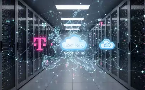 Sicherer Rechenzentrum mit leuchtenden Serverracks, überlagert mit digitalem Netzwerkgraphik für souveräne Cloud-Zusammenarbeit und Datenfluss. - Foto: über boerse-global.de